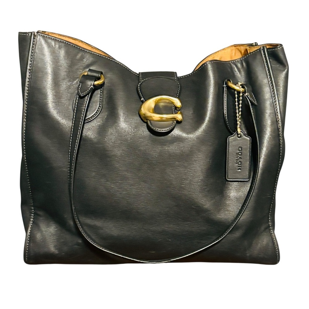 COACH Theo Tote Black Leather Shoulder Bag w/Golden Accents, Authentic. EUC - Picture 2 of 16